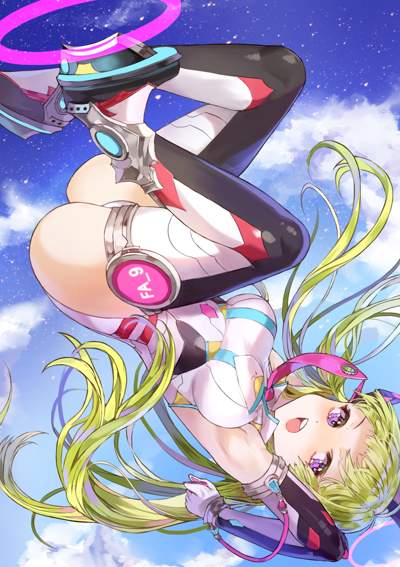 1girl ass blush breasts eyebrows_visible_through_hair green_hair kim_eb large_breasts long_hair looking_at_viewer necktie open_mouth original pink_necktie sky solo star_(sky) starry_sky teeth upside-down violet_eyes