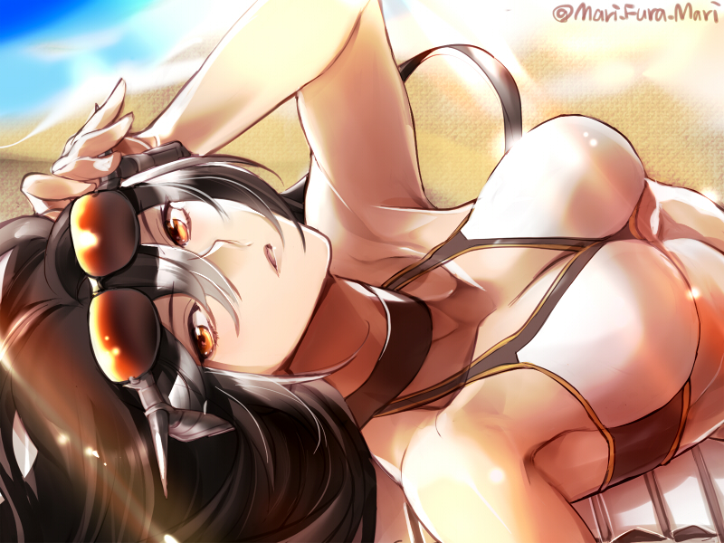 1girl adapted_costume armpits bare_arms bare_shoulders bikini_top black_hair breasts cleavage collarbone hair_between_eyes halterneck kantai_collection large_breasts looking_at_viewer lying midriff nagato_(kantai_collection) navel on_back orange_eyes parted_lips primary_stage sunglasses