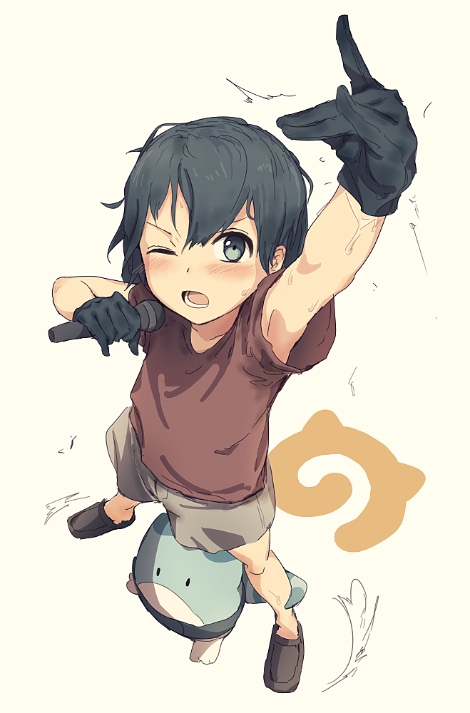 1girl armpits black_hair fox_shadow_puppet gloves hand_up kemono_friends lucky_beast_(kemono_friends) microphone one_eye_closed short_hair shorts sweat wavy_hair wineretro