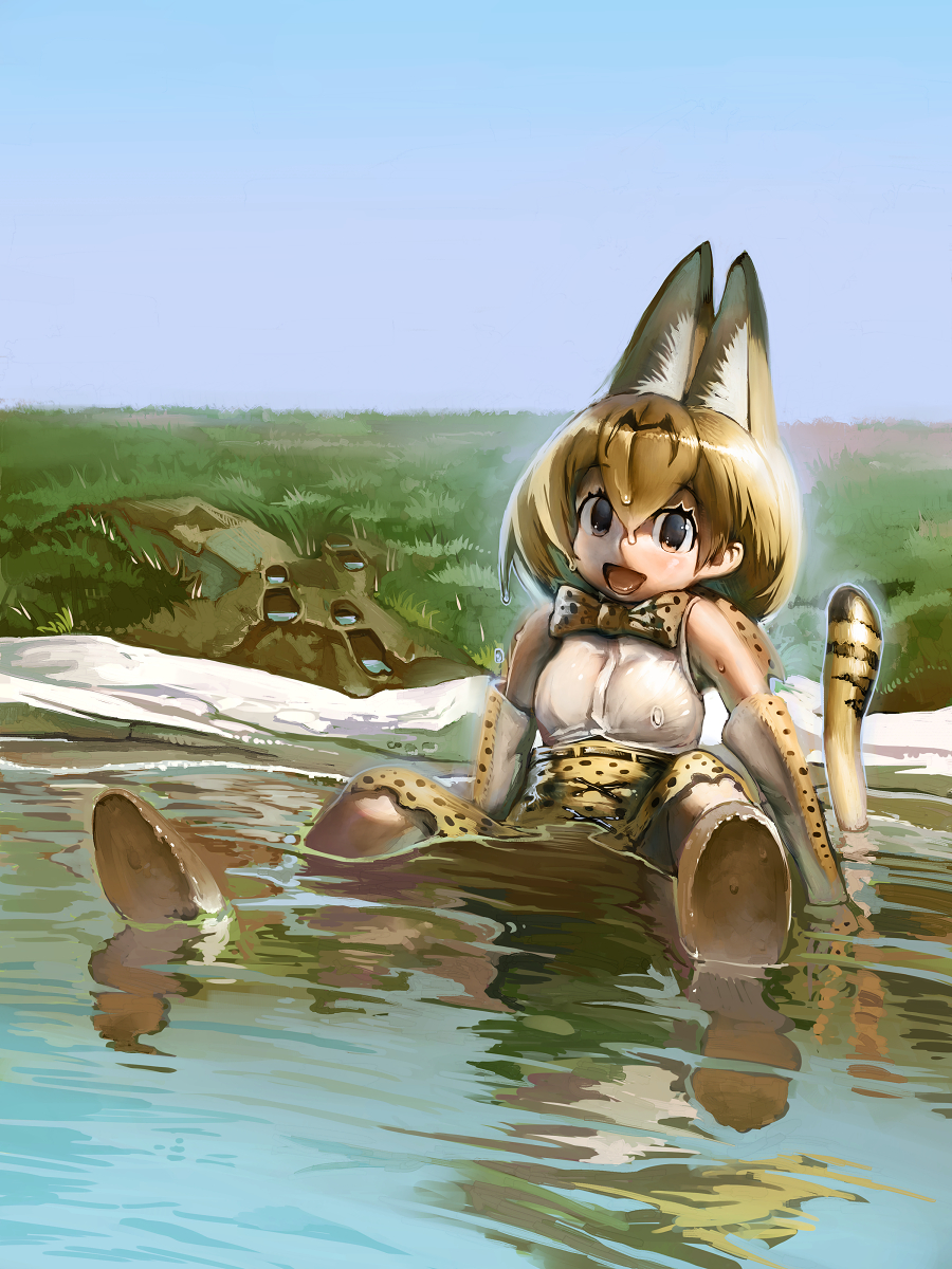 1girl aasu_kirishita animal_ears blush bow bowtie brown_eyes commentary_request dripping elbow_gloves footprints gloves highres kemono_friends looking_at_viewer open_mouth orange_bow orange_bowtie orange_gloves orange_hair serval_(kemono_friends) serval_ears serval_tail sitting smile solo tail water water_drop wet