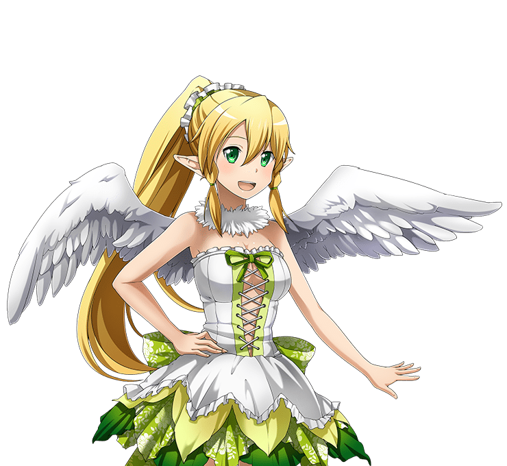 1girl :d angel_wigns blonde_hair blush bow braid breasts choker cleavage dress feathered_wings frilled_dress frills green_eyes hair_bow hair_ornament hand_on_hip large_breasts layerered_dress leafa long_hair open_mouth pointy_ears smile solo standing strapless strapless_dress sword_art_online transparent_background twin_braids very_long_hair white_wings wings