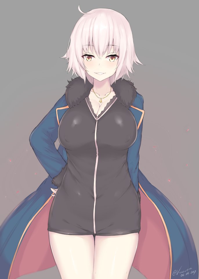 1girl ahoge black_dress blue_coat blush breasts cleavage coat collarbone commentary_request dated dress fate/grand_order fate_(series) fur_trim grey_background grey_hair hand_on_hip jeanne_alter kuavera large_breasts looking_at_viewer open_clothes open_coat pale_skin parted_lips ruler_(fate/apocrypha) short_hair signature simple_background smile solo thighs yellow_eyes