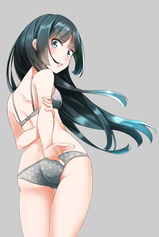 &gt;:o 1girl :o arms_behind_back ass bangs black_hair blue_eyes blush bra breasts comah cowboy_shot eyebrows_visible_through_hair floating_hair from_behind grey_background grey_bra grey_panties holding_arm long_hair looking_at_viewer looking_back open_mouth original panties simple_background small_breasts solo thighs underwear underwear_only