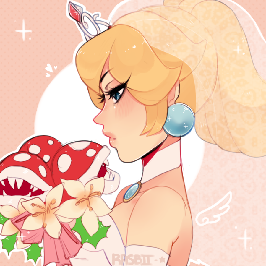 1girl artist_name bare_shoulders blush bouquet bridal_veil brooch closed_mouth commentary detached_collar earrings expressionless eyelashes flower from_side half-closed_eyes holding holding_bouquet holly jewelry lips long_hair looking_away super_mario_bros. open_mouth pink_lips piranha_plant ponytail princess_peach profile savannah_(yugino) see-through sharp_teeth sparkle strapless super_mario_bros. super_mario_odyssey teeth tiara veil