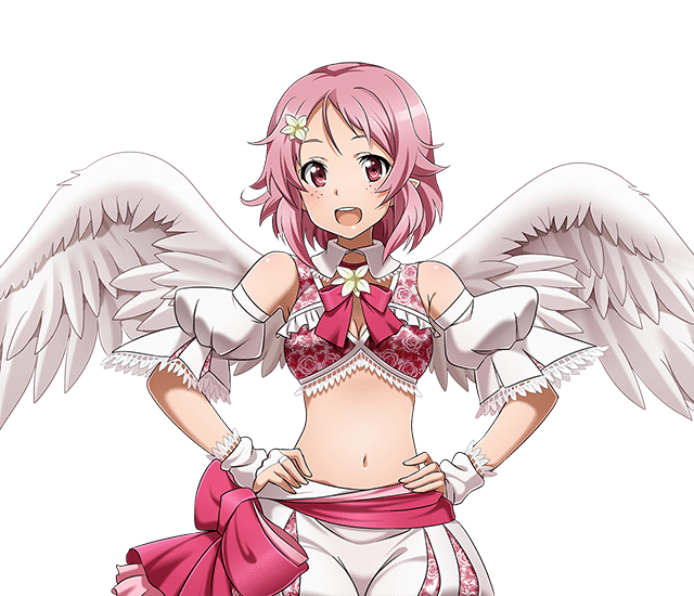 1girl angel_wings bow breasts choker cleavage cowboy_shot hair_ornament hands_on_hips lisbeth_(sao-alo) looking_at_viewer medium_breasts midriff navel neck_ribbon open_mouth pink_hair pointy_ears red_bow red_eyes red_ribbon ribbon short_hair shorts solo stoamch sword_art_online transparent_background white_shorts white_wings wings wrist_cuffs