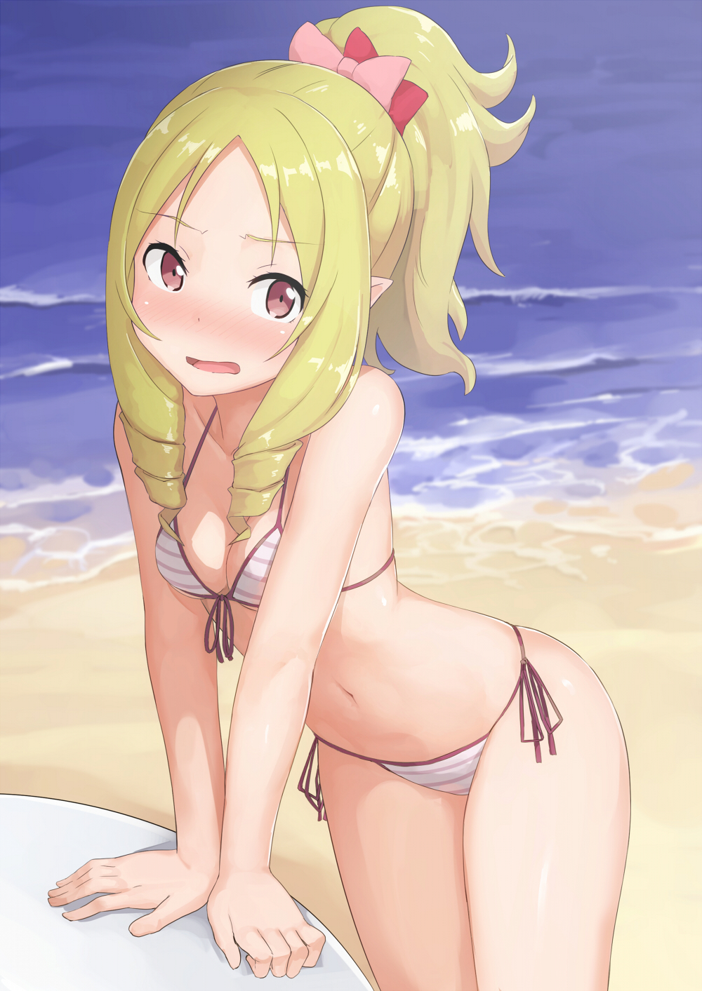 1girl abmayo arched_back beach bikini blonde_hair blush breasts brown_eyes cowboy_shot day eromanga_sensei front-tie_bikini front-tie_top highres leaning_forward long_hair looking_at_viewer medium_breasts outdoors pointy_ears ponytail ringlets side-tie_bikini sidelocks solo striped striped_bikini swimsuit thighs v_arms white_bikini yamada_elf