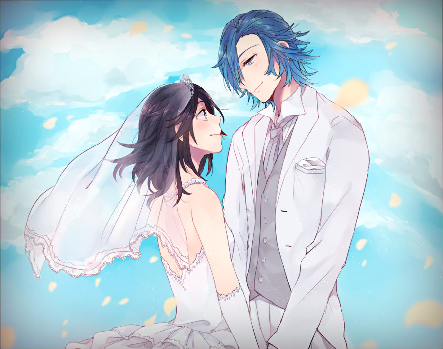 1boy 1girl black_hair blue_hair blush bridal_veil clouds cloudy_sky day dress elbow_gloves eye_contact from_side gloves green_eyes grey_neckerchief groom hair_ornament hand_holding jacket jewelry kill_la_kill kokeshi_1101 layered_dress long_hair looking_at_another looking_down matoi_ryuuko mikisugi_aikurou neckerchief necklace open-back_dress outdoors pants petals sky sleeveless sleeveless_dress smile strapless strapless_dress veil wedding_dress white_dress white_gloves white_jacket white_pants