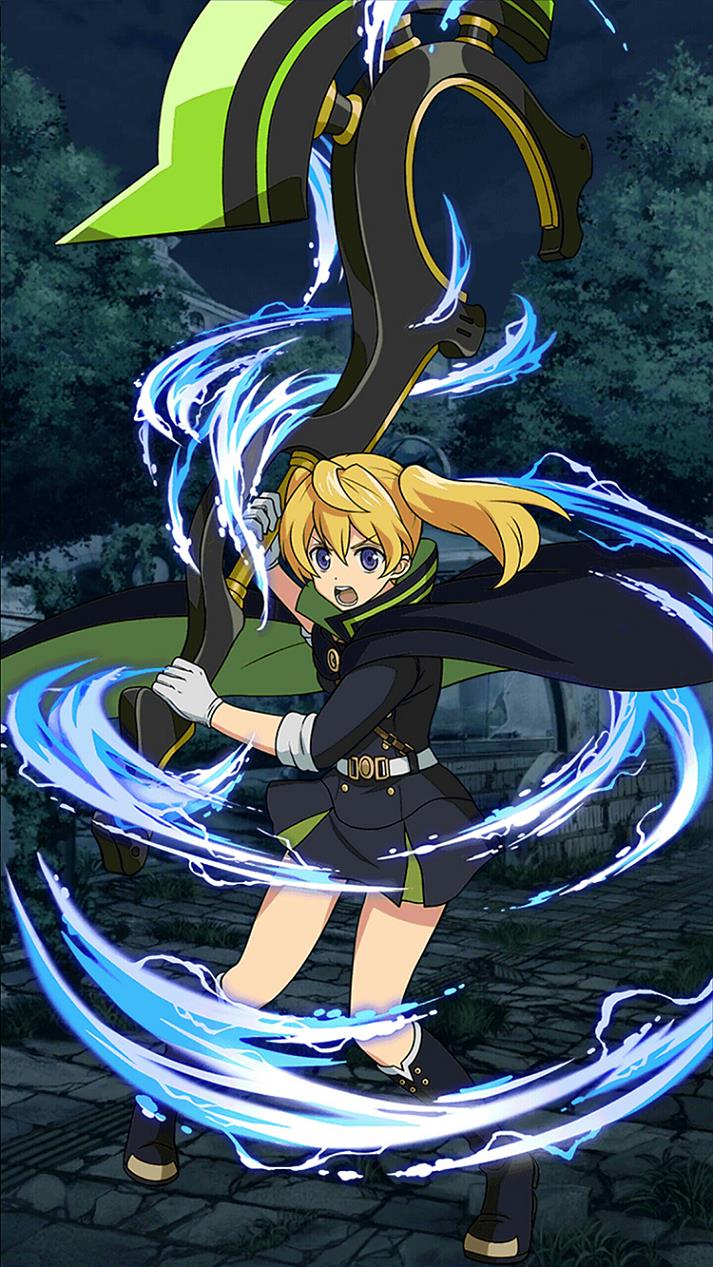 1girl belt black_boots black_cape black_shirt black_skirt blonde_hair boots cape floating_hair full_body gloves grey_gloves hair_between_eyes highres holding holding_weapon knee_boots long_hair looking_at_viewer military military_uniform miniskirt nihgt open_mouth outdoors owari_no_seraph pleated_skirt sanguu_mitsuba shirt skirt solo standing tree twintails uniform violet_eyes weapon