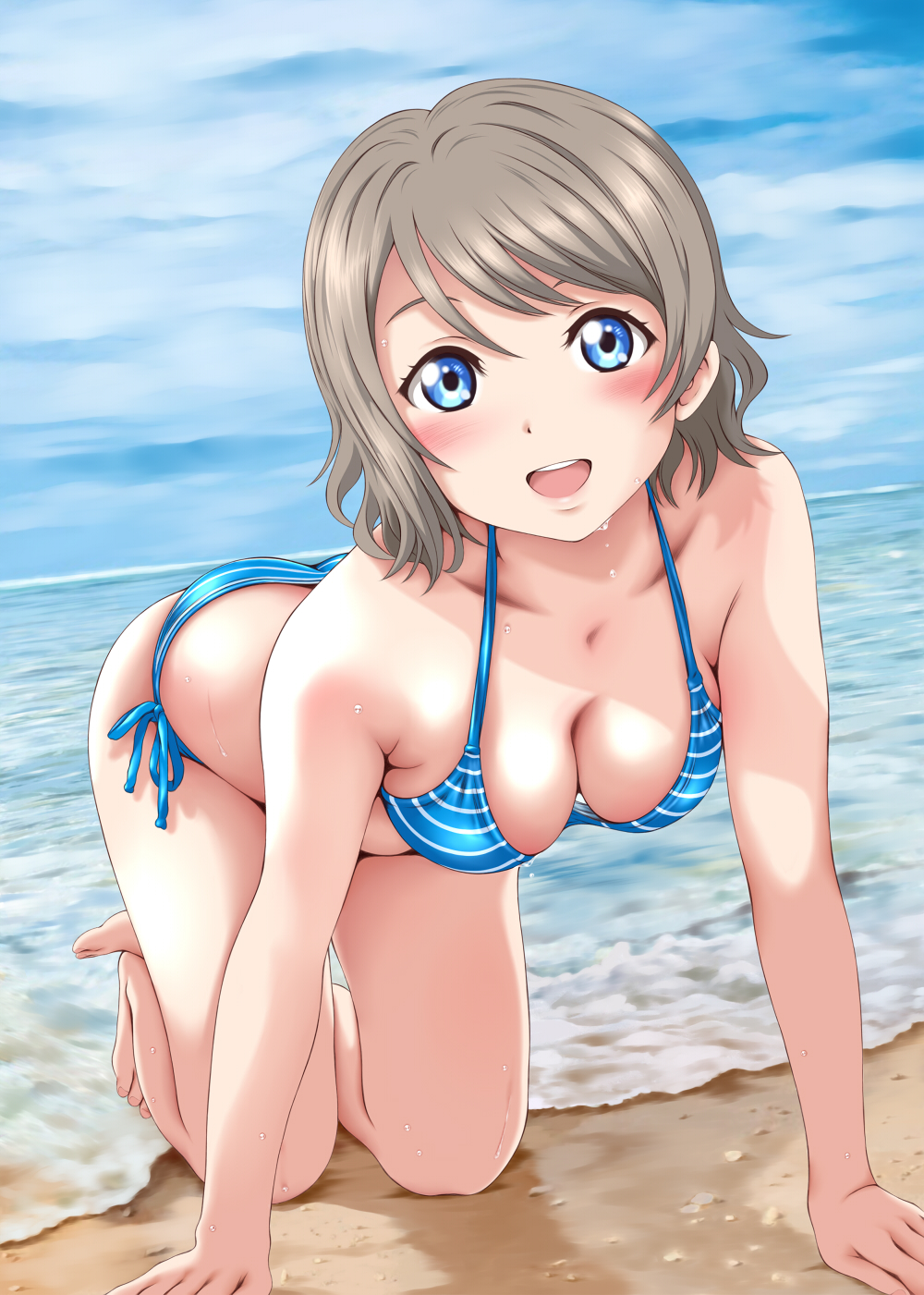 1girl all_fours beach bikini blue_eyes blush breasts brown_hair collarbone day dutch_angle highres keisuke_(0320030103200301) looking_at_viewer love_live! love_live!_sunshine!! medium_breasts ocean open_mouth outdoors sand short_hair solo striped striped_bikini swimsuit teeth watanabe_you water wet