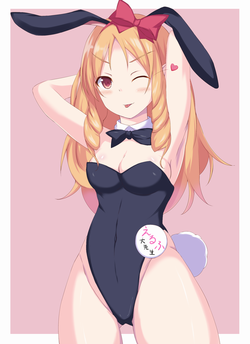 1girl animal_ears blonde_hair bow bowtie brown_eyes bunny_tail bunnysuit cir.e_(shie) cowboy_shot detached_collar drill_hair eromanga_sensei hair_bow long_hair looking_at_viewer name_tag one_eye_closed rabbit_ears red_bow solo tail twin_drills yamada_elf