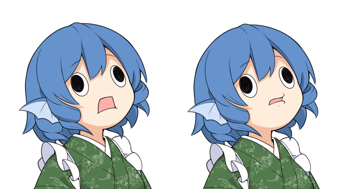 1girl blue_hair commentary_request eyebrows_visible_through_hair hair_between_eyes head_fins japanese_clothes kimono open_mouth simple_background solo strabismus tamahana touhou upper_body wakasagihime wall-eyed white_background