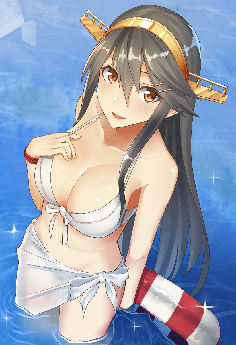 1girl alternate_costume armband bikini bikini_skirt breasts brown_eyes cleavage from_above grey_hair hair_between_eyes hair_ornament hairclip halterneck hand_on_own_chest haruna_(kantai_collection) headgear highres kantai_collection large_breasts long_hair looking_at_viewer looking_up navel pallad partially_submerged remodel_(kantai_collection) shiny shiny_hair solo strap_gap swimsuit water white_bikini