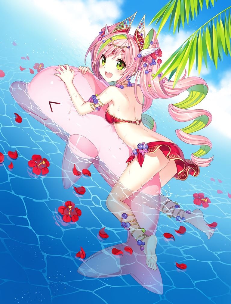 1girl ange_vierge armlet bangs bare_shoulders bikini blush day dolphin drill_hair eyebrows_visible_through_hair flower green_eyes green_hair hair_ornament jewelry long_hair looking_at_viewer looking_back multicolored_hair nardack ocean official_art open_mouth partially_submerged petals pink_hair sarong solo swimsuit twintails water wet