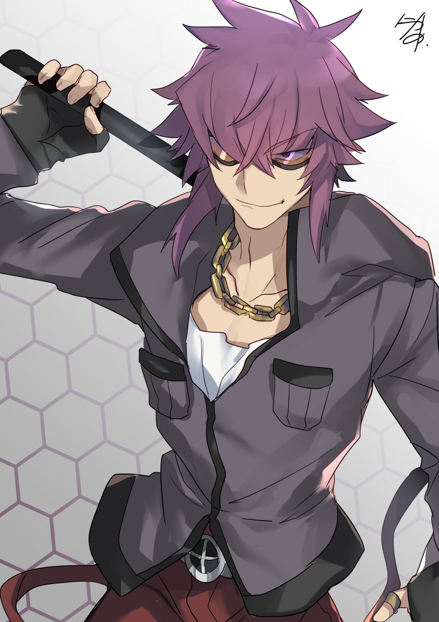 1boy chains flipped_hair gold_chain grin highres jacket jewelry looking_at_viewer male_focus mirokuji_yuuya nikame popped_collar purple_hair re:creators ring short_hair simple_background smile solo sunglasses thumb_ring