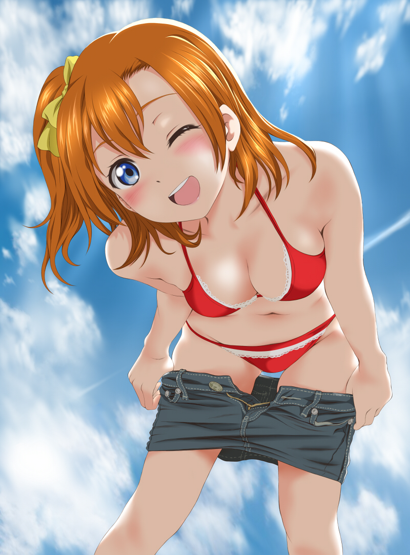 1girl bikini blue_eyes blush bow breasts cleavage clouds condensation_trail day denim denim_skirt frilled_bikini frills hair_bow keisuke_(0320030103200301) kousaka_honoka looking_at_viewer love_live! love_live!_school_idol_project medium_breasts navel one_eye_closed open_mouth orange_hair revision short_hair side_ponytail skirt sky solo swimsuit undressing