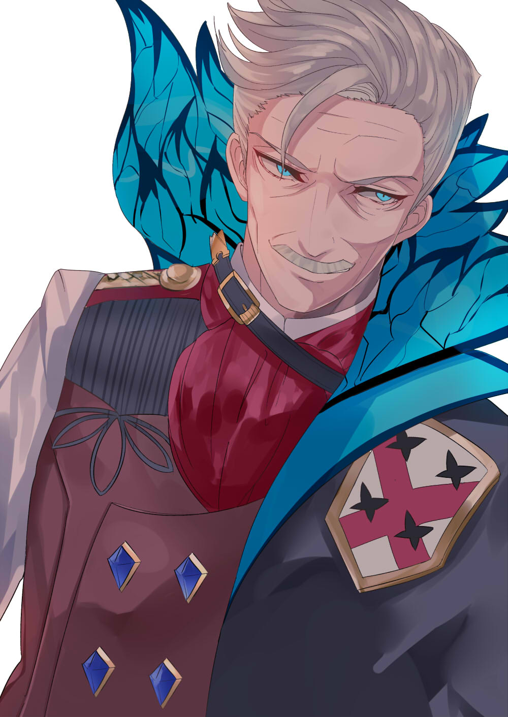 1boy asyde blue_eyes closed_mouth coat_of_arms double-breasted facial_hair fate/grand_order fate_(series) grey_hair highres james_moriarty_(fate/grand_order) looking_to_the_side male_focus mustache simple_background solo uniform upper_body white_background