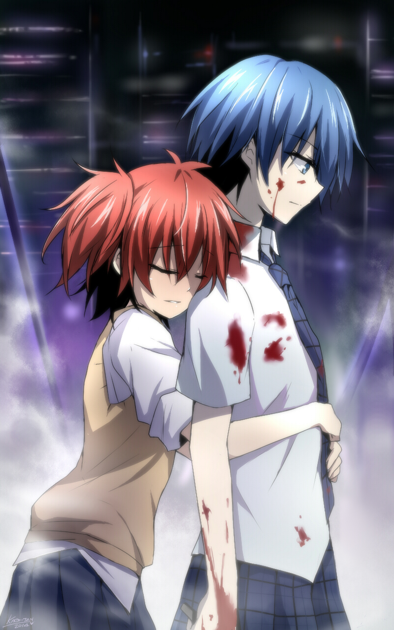 2girls akuma_no_riddle azuma_tokaku blood blood_on_face bloody_clothes blue_eyes blue_hair blue_necktie blue_skirt bow breasts cleavage eyebrows_visible_through_hair from_side hair_bow highres holding holding_weapon hug hug_from_behind ichinose_haru kago-tan long_hair looking_down multiple_girls necktie parted_lips pleated_skirt redhead shirt short_hair short_sleeves short_twintails skirt standing sweater twintails weapon white_shirt yellow_sweater