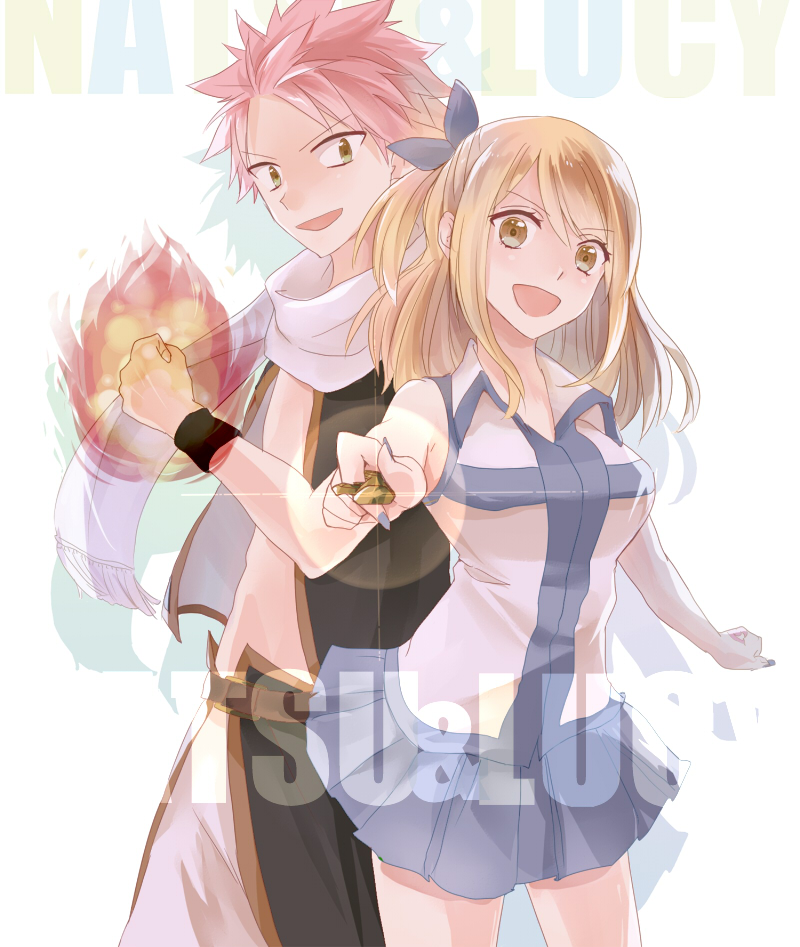1boy 1girl :d blonde_hair blue_nails blue_ribbon blue_skirt brown_eyes character_name cowboy_shot erinan eyebrows_visible_through_hair fairy_tail fire green_eyes hair_ribbon head_tilt holding holding_key key long_hair looking_at_viewer lucy_heartfilia miniskirt nail_polish natsu_dragneel one_side_up open_mouth pink_hair pleated_skirt ribbon scarf shirt simple_background skirt sleeveless smile spiky_hair standing white_background white_scarf white_shirt wrist_cuffs