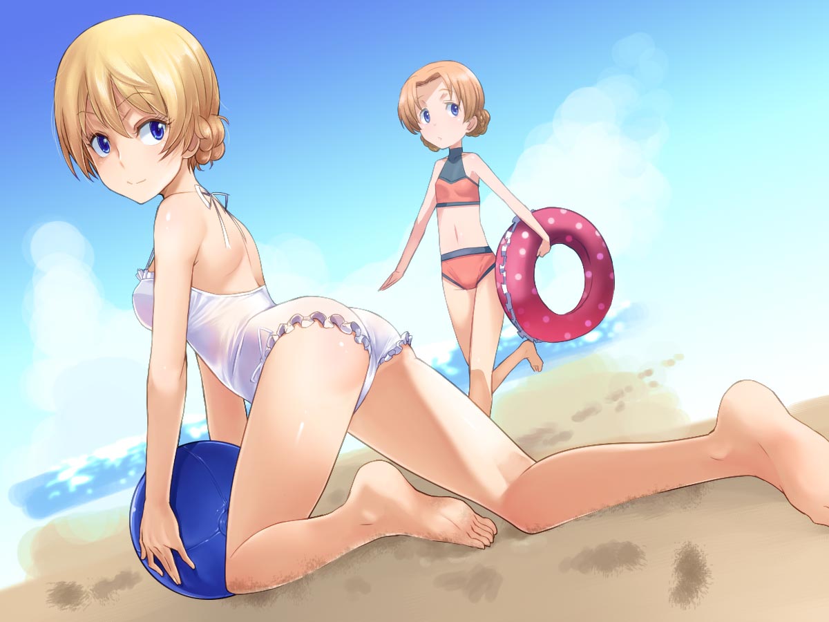 2girls ass ball bangs barefoot beach beachball bikini blonde_hair blue_eyes braid closed_mouth clouds cloudy_sky darjeeling day dutch_angle eyebrows_visible_through_hair feet footprints frilled_swimsuit frills full_body girls_und_panzer halterneck holding innertube kneeling looking_at_viewer looking_back multiple_girls one-piece_swimsuit orange_bikini orange_hair orange_pekoe parted_bangs short_hair sky smile swimsuit tabigarasu tied_hair twin_braids walking white_swimsuit