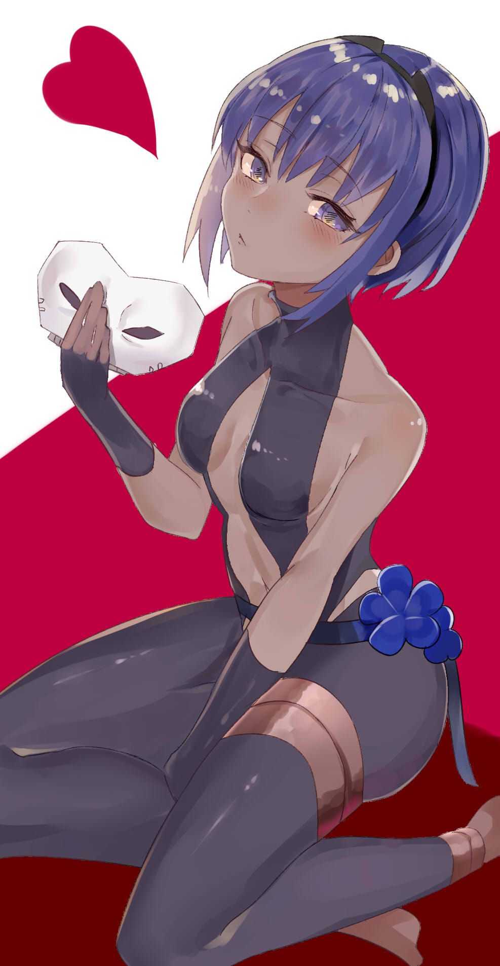 1girl assassin_(fate/prototype_fragments) asyde bare_shoulders breasts dark_skin fate/grand_order fate/prototype fate/prototype:_fragments_of_blue_and_silver fate_(series) heart highres looking_at_viewer mask purple_hair short_hair skull small_breasts solo violet_eyes