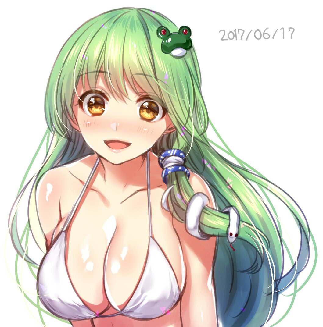 1girl bangs bare_shoulders bikini breasts cleavage dated eyebrows_visible_through_hair frog_hair_ornament green_hair hair_ornament halter_top halterneck kanzaki_maguro kochiya_sanae large_breasts looking_at_viewer shiny shiny_skin simple_background sketch snake_hair_ornament solo string_bikini swimsuit touhou upper_body white_background white_bikini yellow_eyes