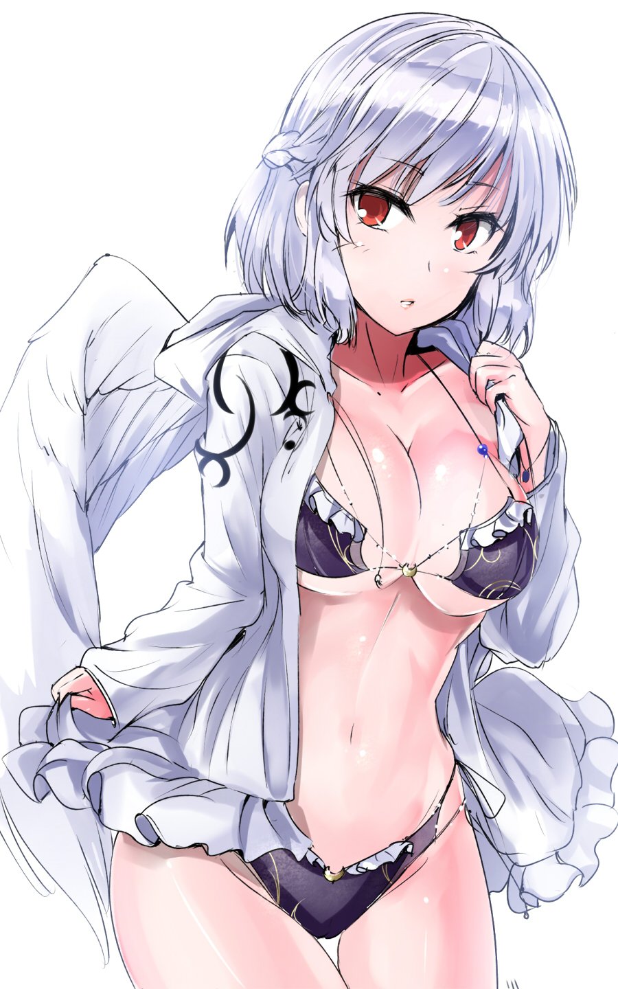1girl adapted_costume bangs bikini black_bikini breasts cleavage collarbone cowboy_shot feathered_wings half_updo highres hood hood_down hooded_jacket jacket kishin_sagume large_breasts long_sleeves looking_at_viewer navel open_clothes open_jacket parted_lips red_eyes short_hair silver_hair simple_background single_wing solo stomach swimsuit thigh_gap touhou white_background white_jacket white_wings wings y2