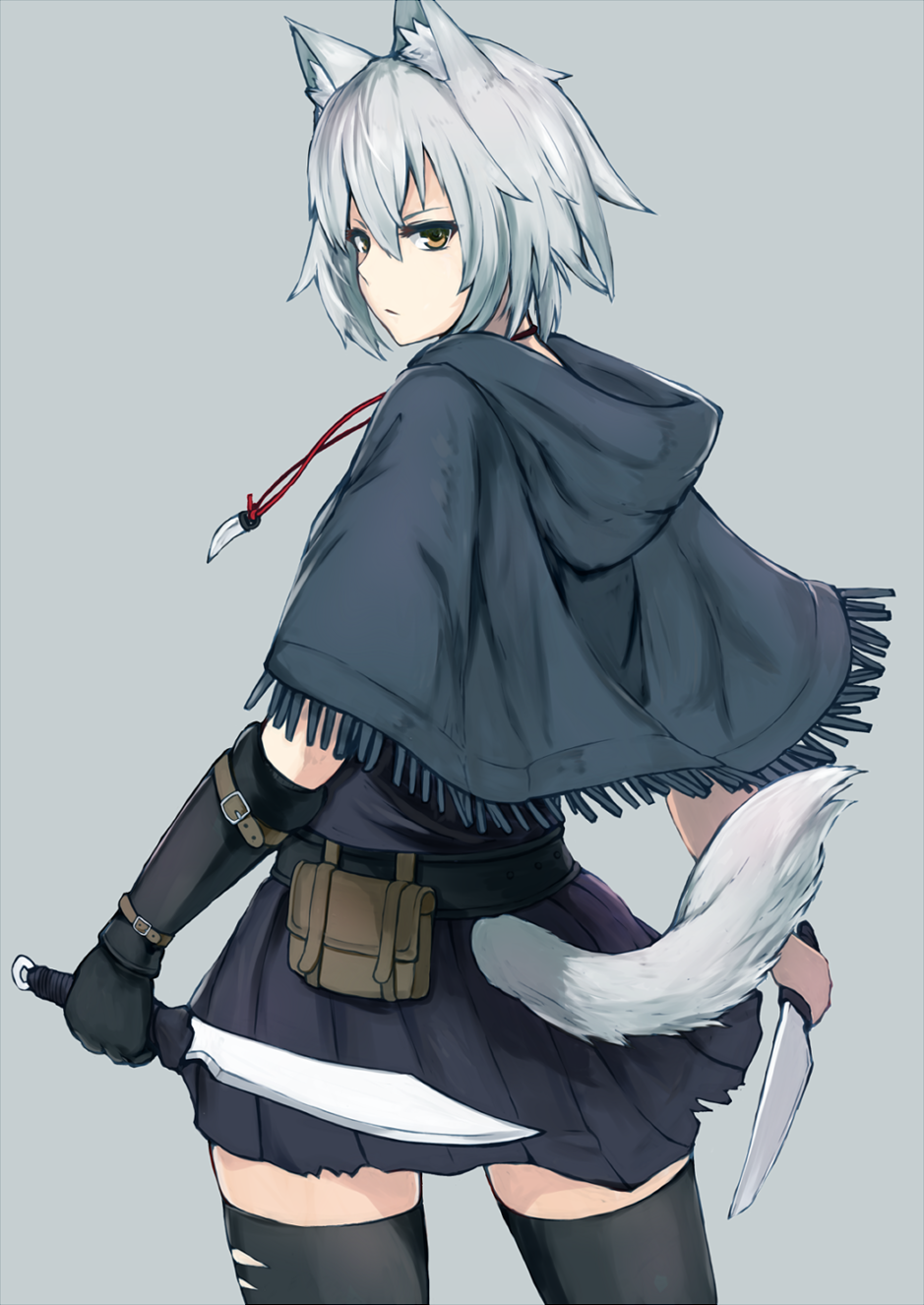 1girl animal_ears belt bracer brown_eyes cowboy_shot dagger from_behind grey_background highres hood jewelry kou_v05first looking_at_viewer looking_back original pendant pleated_skirt pouch serious shawl silver_hair simple_background skirt tail thigh-highs torn_clothes torn_skirt torn_thighhighs weapon wolf_ears wolf_tail zettai_ryouiki