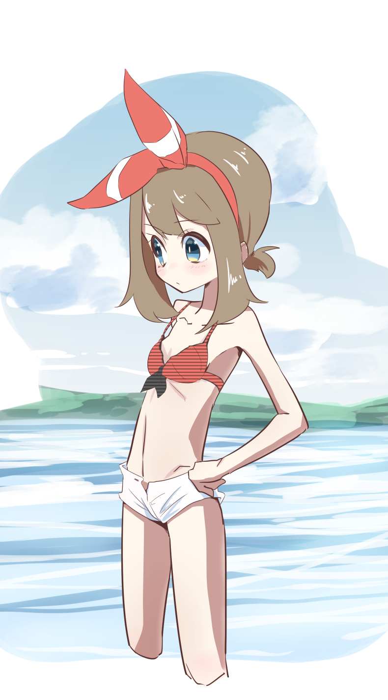 1girl bare_legs bare_shoulders bikini_top blue_eyes blush breasts brown_hair clouds day hairband hand_on_hip haruka_(pokemon) haruka_(pokemon)_(remake) highres navel ocean partially_submerged pokemon pokemon_(game) pokemon_oras red_bikini_top short_shorts shorts simple_background sky small_breasts solo water white_background white_shorts yamamoto_orz