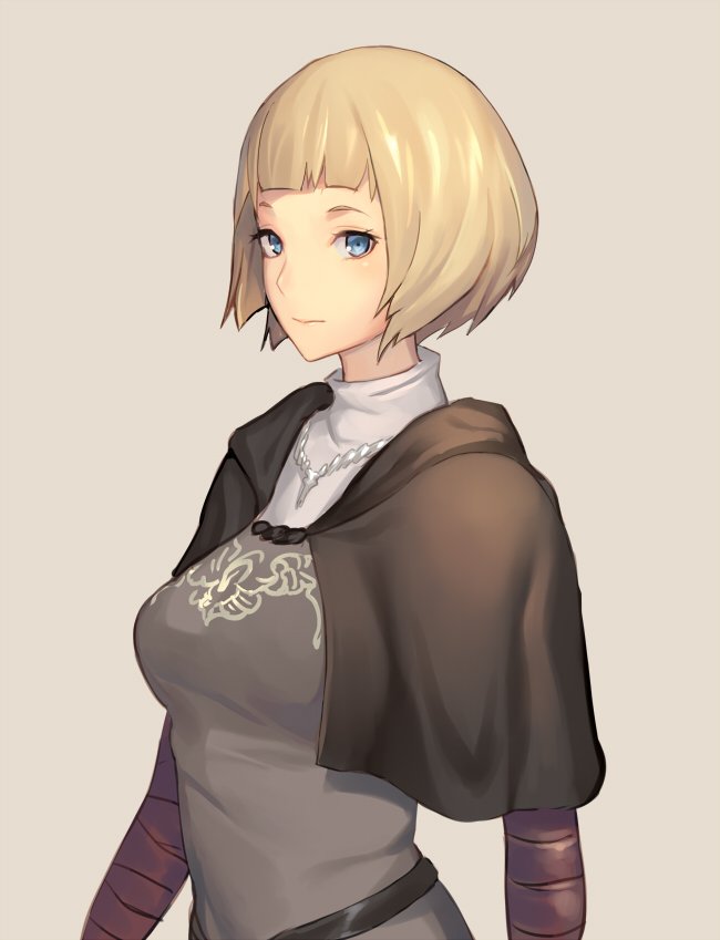 1girl bangs beige_background blue_eyes blunt_bangs bob_cut breasts capelet closed_mouth dark_souls_iii expressionless hood hoodie keemu_(occhoko-cho) light_brown_hair looking_at_viewer medium_breasts original short_hair simple_background solo tunic turtleneck