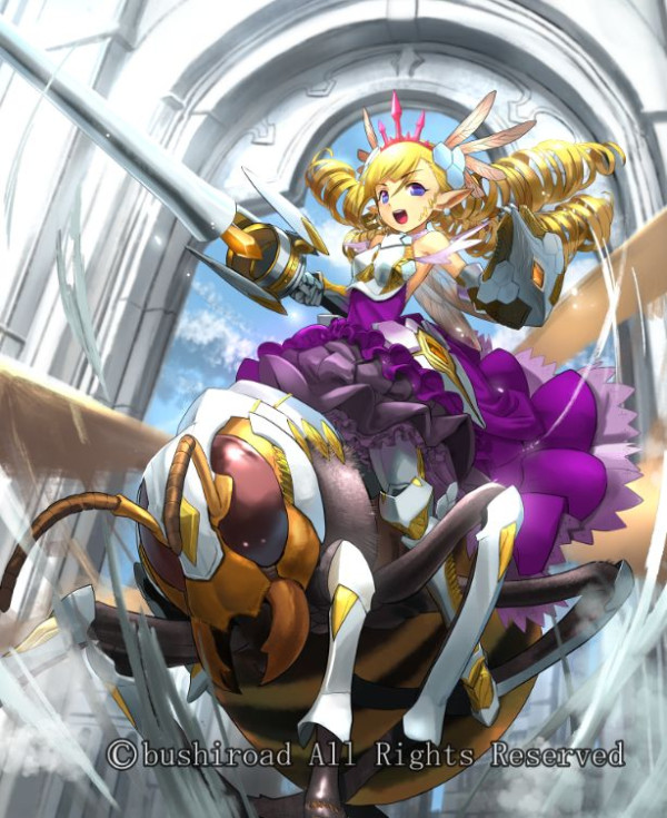 1girl adachi_yousuke armor armored_boots bare_shoulders bee blonde_hair boots cardfight!!_vanguard company_name drill_hair earrings fairy_wings feathers gloves hair_ornament jewel_knight_noble_stinger jewelry lance long_hair official_art open_mouth pointy_ears polearm shield sky solo teeth tiara twintails violet_eyes weapon wings