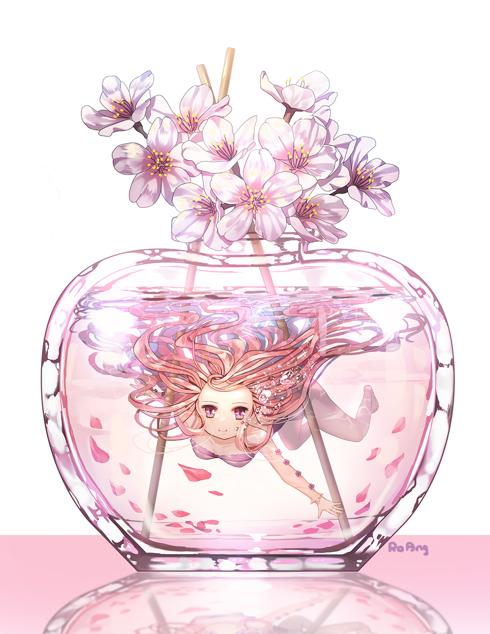 1girl artist_name blush collarbone flower highres holding_breath long_hair looking_at_viewer original petals pink pink_eyes pink_hair roang smile solo submerged water