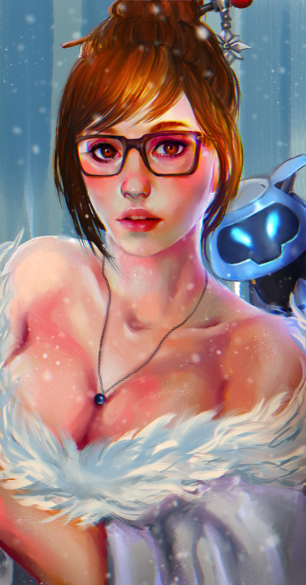 1girl alternate_costume black-framed_eyewear blue_background breast_hold breasts brown_eyes brown_hair cleavage coat collarbone drone fur-trimmed_jacket fur_trim grey_background hair_ornament hair_stick highres jacket jewelry large_breasts lips looking_at_viewer mei_(overwatch) necklace nose off_shoulder overwatch parted_lips pendant pickart_master portrait realistic snowflake_hair_ornament snowing solo striped vertical-striped_background vertical_stripes winter_clothes winter_coat