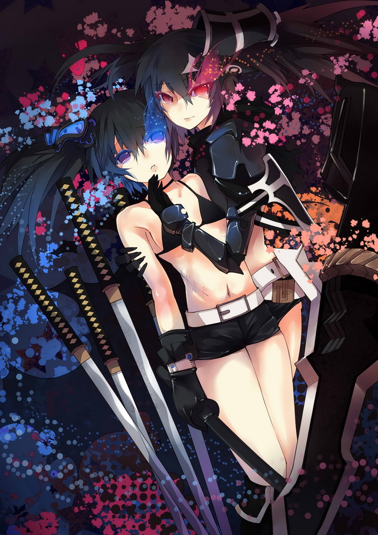 2girls asymmetrical_hair belt black_bikini_top black_gloves black_hair black_rock_shooter black_rock_shooter_(character) black_shorts breasts burning_eye collarbone dual_persona gloves hair_ornament holding holding_sword holding_weapon long_hair looking_at_viewer midriff multiple_girls navel parted_lips rain_lan red_eyes scarf short_shorts shorts sideboob small_breasts smile stomach sword violet_eyes weapon