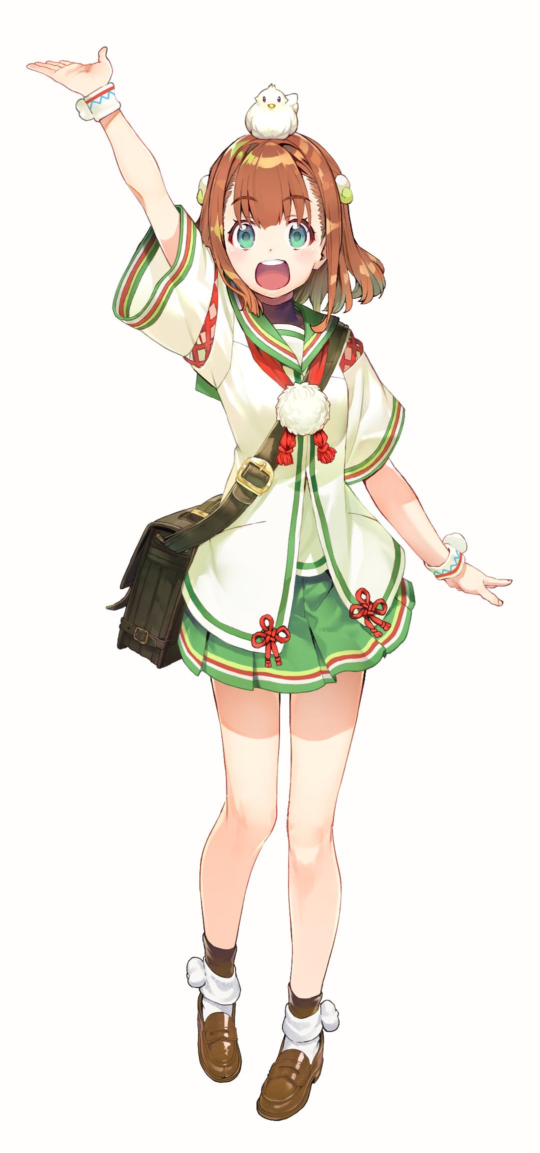1girl :d animal animal_on_head arm_up bag bangs blush brown_hair chick_on_head eyebrows_visible_through_hair full_body green_eyes green_skirt highres loafers looking_at_viewer on_head onsen_musume open_mouth pleated_skirt school_uniform shirabi_(life-is-free) shoes short_sleeves shoulder_bag simple_background skirt smile socks solo standing tareme teeth uika_atami white_background white_legwear