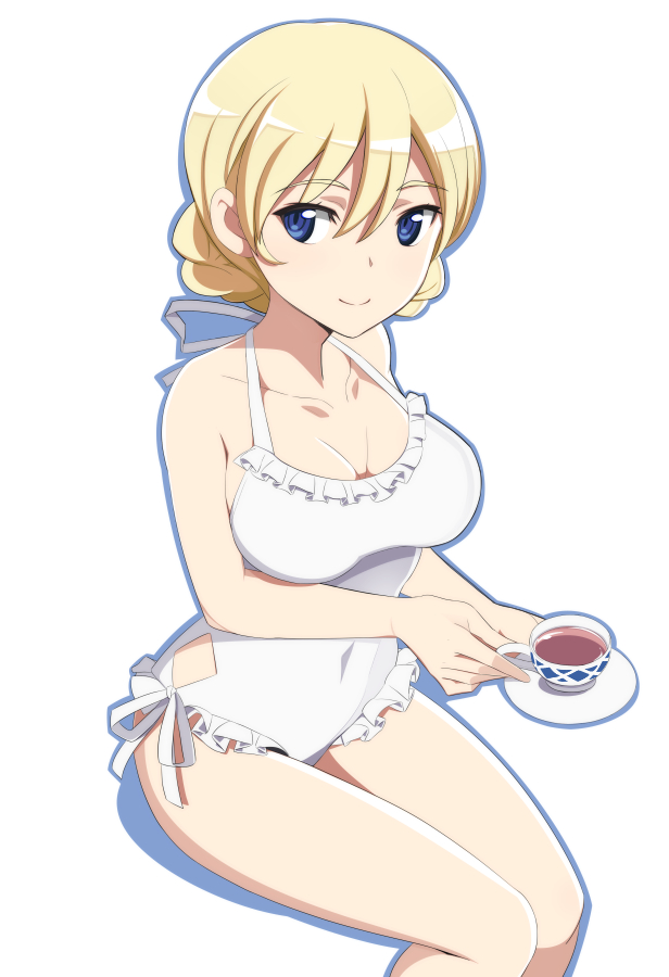 1girl bare_arms bare_shoulders blonde_hair blue_eyes blush braid breasts casual_one-piece_swimsuit cleavage collarbone covered_navel cup darjeeling drink eyebrows_visible_through_hair frilled_swimsuit frills girls_und_panzer halterneck holding invisible_chair large_breasts looking_at_viewer nanashino one-piece_swimsuit ribbon saucer short_hair sitting solo swimsuit tea teacup white_ribbon