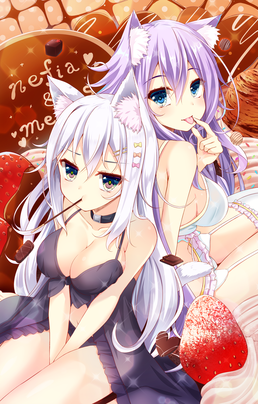 2girls :p :t akine_(kuroyuri) animal_ears babydoll back-to-back between_legs black_panties blue_eyes blush breasts brown_eyes cat_ears cat_tail chocolate chocolate_heart chocolate_syrup choker cleavage closed_mouth collarbone eyebrows_visible_through_hair food frilled_legwear fruit garter_straps hair_between_eyes hand_between_legs heart highres long_hair looking_at_viewer looking_back medium_breasts mouth_hold multiple_girls navel original own_hands_together panties pocky purple_hair sitting smile sparkle sprinkles strawberry tail thigh-highs tongue tongue_out underwear v_arms very_long_hair whipped_cream white_hair