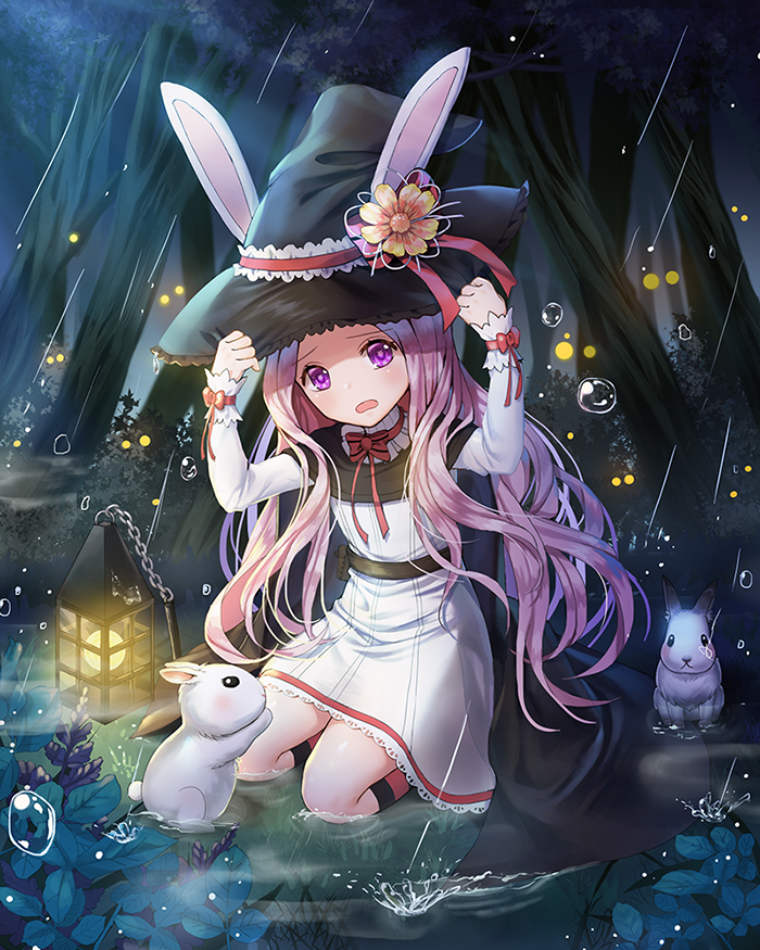 1girl animal animal_hat ascot black_cape black_hat bunny_hat cape dress flower forest frilled_hat frills full_body grass hand_on_headwear hands_up hat hat_flower hat_ribbon kneehighs kneeling leaf long_hair long_sleeves looking_at_viewer nature night open_mouth original outdoors pink_hair rabbit rain red_ribbon ribbon roang sash solo striped striped_legwear tree violet_eyes water_drop white_dress witch witch_hat wrist_cuffs yellow_dress
