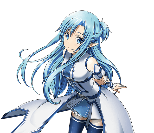 1girl arms_behind_back asuna_(sao-alo) blue_eyes blue_hair blue_legwear breasts cleavage detached_sleeves dress floating_hair leaning_forward long_hair looking_at_viewer medium_breasts pleated_dress pointy_ears shirt short_dress sleeveless sleeveless_shirt smile solo standing sword_art_online thigh-highs transparent_background very_long_hair zettai_ryouiki
