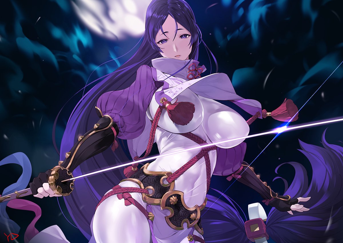 1girl arm_guards black_gloves bodysuit breasts clouds cloudy_sky covered_navel elbow_gloves fate/grand_order fate_(series) fingerless_gloves gloves hips holding holding_weapon katana large_breasts long_hair looking_at_viewer minamoto_no_raikou_(fate/grand_order) moon night night_sky parted_lips purple_hair purple_shirt rope shirt signature sky solo sword tassel turtleneck very_long_hair violet_eyes weapon wind wind_lift yang-do