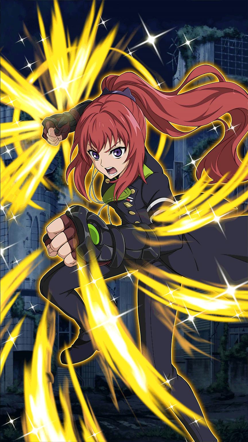 1girl black_pants brown_gloves fingerless_gloves floating_hair gloves hair_ornament high_ponytail highres jujo_mito long_hair military military_uniform night open_mouth outdoors owari_no_seraph pants redhead ruins solo sparkle stance uniform very_long_hair violet_eyes