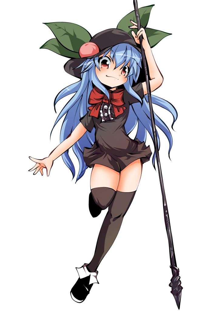 1girl :3 black_dress black_legwear blue_hair blush bow commentary cosplay dress food food_on_head fruit fruit_on_head hat hinanawi_tenshi houjuu_nue houjuu_nue_(cosplay) komojino-u leaf looking_at_viewer object_on_head peach polearm red_eyes shoes short_dress smile solo spear standing standing_on_one_leg thigh-highs thighs touhou weapon zettai_ryouiki