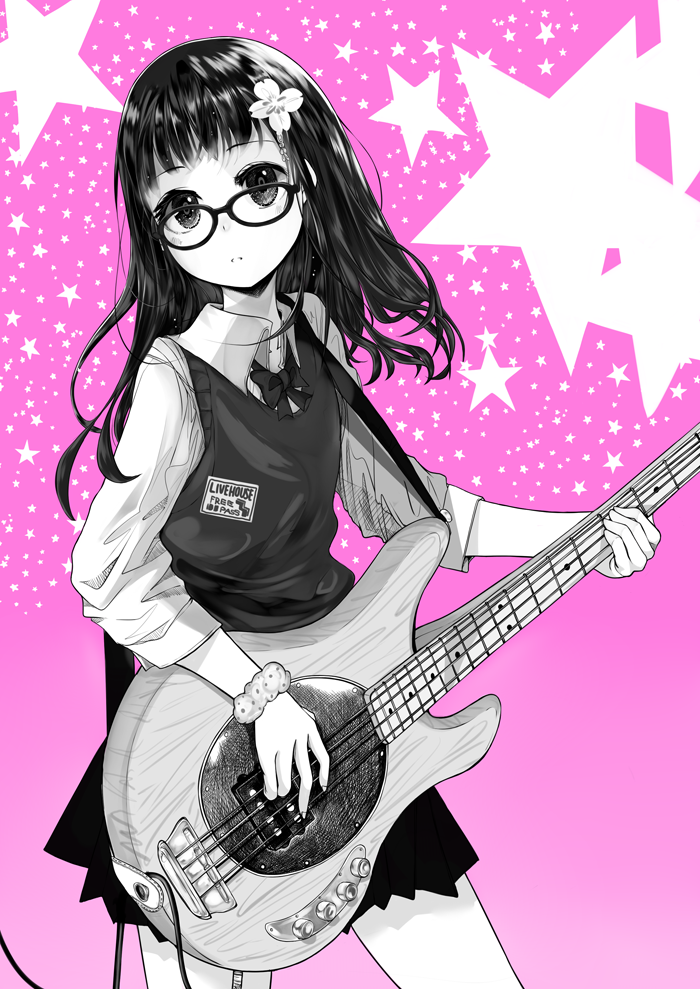 1girl bangs bass_guitar cowboy_shot glasses greyscale instrument kakoben_(mudvana) long_hair looking_at_viewer monochrome music music_man_stingray original parted_lips pink_background playing_instrument school_uniform scrunchie sleeves_rolled_up solo star starry_background sweater_vest wrist_scrunchie