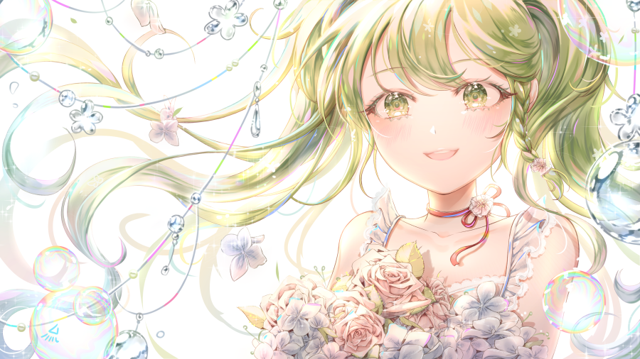1girl blush bouquet braid bubble collarbone eyebrows_visible_through_hair flower green_eyes green_hair hatsune_miku long_hair looking_at_viewer ozzingo parted_lips rose smile solo teeth twintails vocaloid