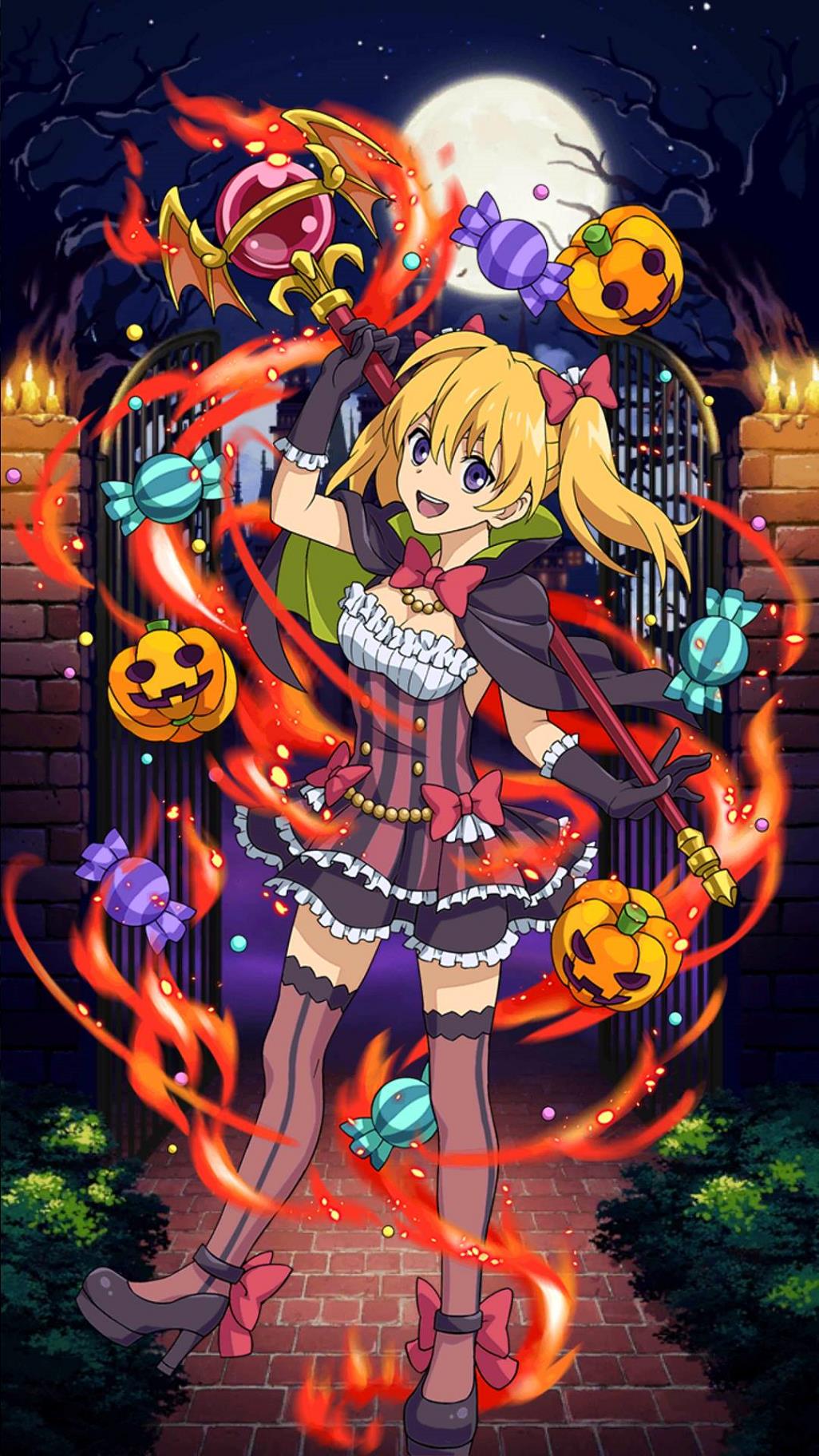 1girl :d arm_up black_gloves black_skirt blonde_hair bow breasts brown_legwear capelet cleavage floating_hair frilled_gloves frilled_skirt frills full_body full_moon gloves hair_bow halloween halloween_costume highres jewelry long_hair looking_at_viewer medium_breasts miniskirt moon necklace night open_mouth owari_no_seraph red_bow sanguu_mitsuba skirt sky smile solo standing star_(sky) starry_sky striped striped_legwear thigh-highs tree twintails vertical-striped_legwear vertical_stripes violet_eyes