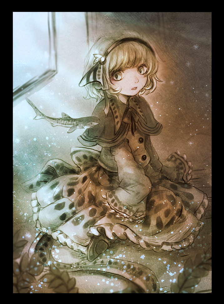 1girl air_bubble aquarium blonde_hair border bubble capelet commentary haiki_(hakkyoii06) hairband head_fins looking_to_the_side muted_color open_mouth original personification shark short_hair sitting sleeves_past_wrists slit_pupils solo underwater wariza