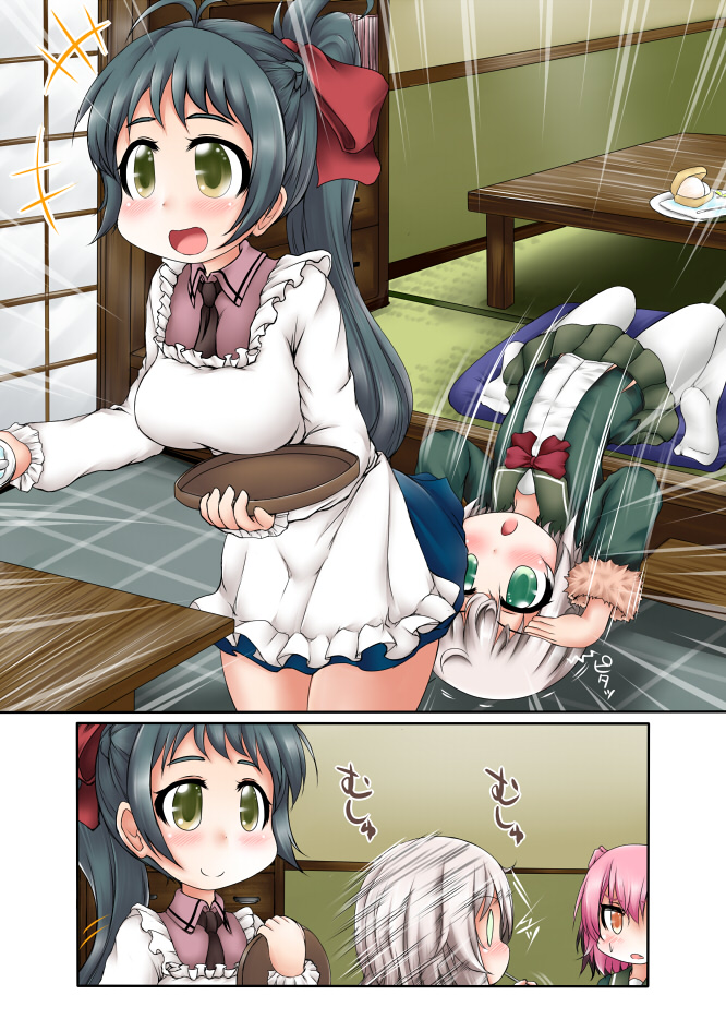 2koma 3girls apron comic commentary cushion fur-trimmed_sleeves fur_trim green_eyes green_hair green_jacket green_skirt implied_pantyshot irako_(kantai_collection) jacket kantai_collection kappougi kunashiri_(kantai_collection) long_hair long_sleeves multicolored_hair multiple_girls necktie open_mouth orange_eyes ouno_(nounai_disintegration) pantyhose pink_hair ponytail red_ribbon ribbon school_uniform serafuku shading_eyes shimushu_(kantai_collection) shimushu_pose short_hair silver_hair skirt table tray two-tone_hair two_side_up upside-down white_legwear yellow_eyes