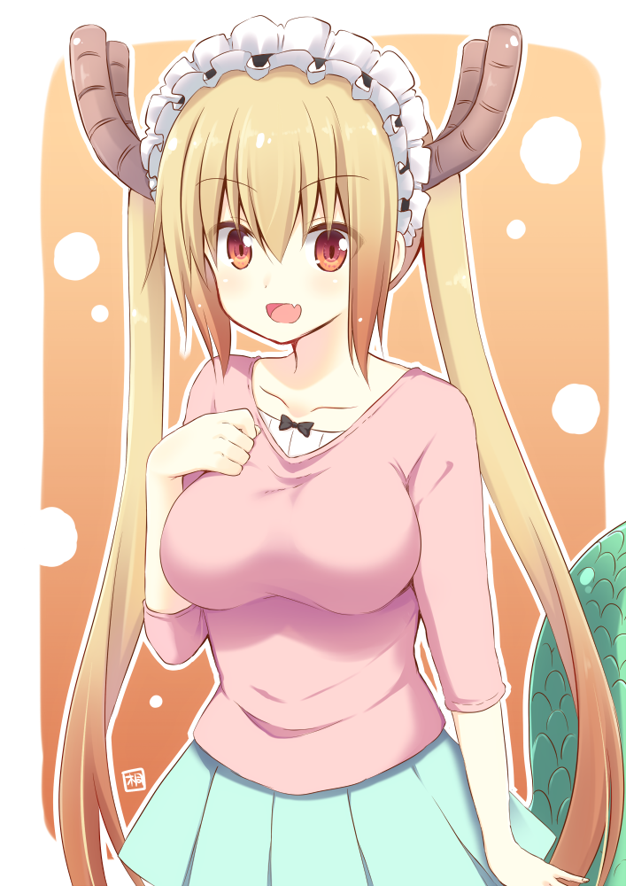 1girl :d akane_souichi artist_name bangs blonde_hair blouse breasts brown_eyes casual dragon_tail eyebrows_visible_through_hair fang green_skirt hair_between_eyes hand_on_own_chest horns kobayashi-san_chi_no_maidragon large_breasts long_hair looking_at_viewer maid_headdress open_mouth pink_blouse pleated_skirt sidelocks signature skirt sleeves_past_elbows smile solo tail tooru_(maidragon) twintails upper_body very_long_hair