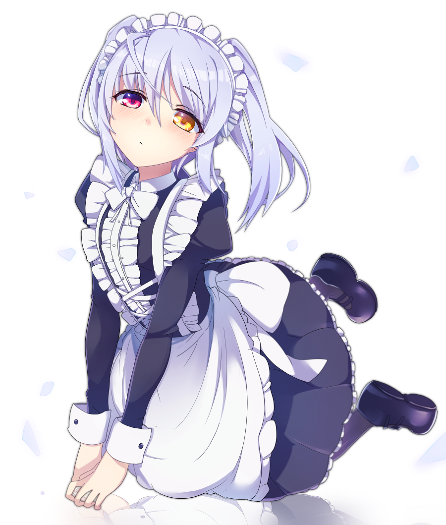 1girl apron black_dress black_legwear blush bow bowtie dress eyebrows_visible_through_hair frilled_dress frills full_body hair_between_eyes haruyuki_(yukichasoba) heterochromia infinite_stratos kneehighs laura_bodewig long_hair looking_at_viewer maid_headdress red_eyes short_dress silver_hair simple_background solo twintails white_apron white_background white_bow white_bowtie yellow_eyes