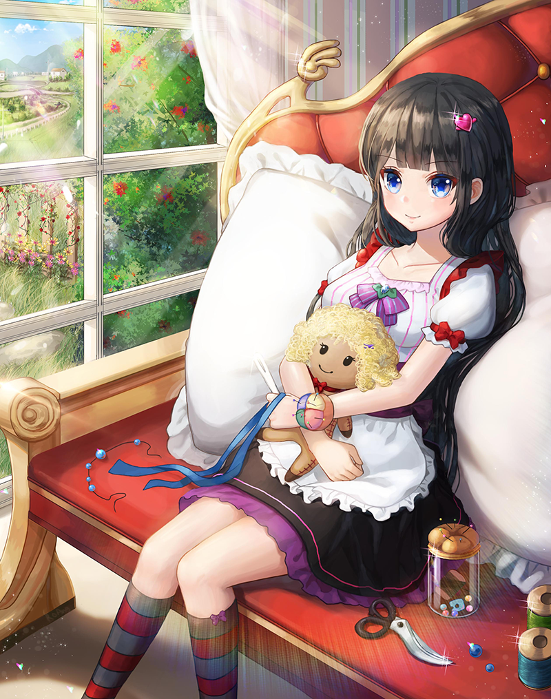1girl apron bangs black_hair blue_ribbon blue_sky blunt_bangs bow breasts bush closed_mouth clouds cloudy_sky collarbone couch day doll dress eyebrows_visible_through_hair frilled_pillow frilled_skirt frills gem glint grass hair_ornament hairclip heart_hair_ornament holding_doll holding_ribbon house indoors kneehighs looking_at_viewer medium_breasts mountain original pillow puffy_short_sleeves puffy_sleeves ribbon roang scissors short_sleeves sitting skirt sky smile solo striped striped_bow striped_legwear waist_apron white_apron window
