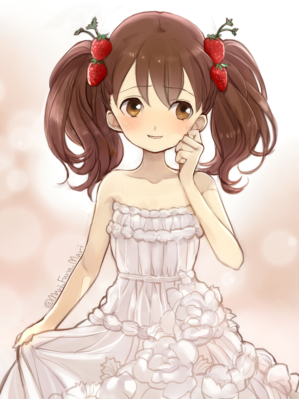 1girl bangs bare_shoulders blush bow breasts brown_eyes brown_hair collarbone cowboy_shot dress food_themed_hair_ornament formal gown hair_between_eyes hair_bow hair_ornament hand_on_own_cheek kantai_collection lifted_by_self looking_away looking_to_the_side nervous_smile parted_lips pink_background primary_stage ryuujou_(kantai_collection) skirt_hold small_breasts smile solo strapless strapless_dress strawberry_hair_ornament twintails twitter_username upper_body white_dress